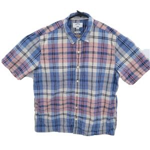 FatFace Shirt‎ Mens XL Blue Pink Folk Plaid Short Sleeve 100% Cotton Button Up